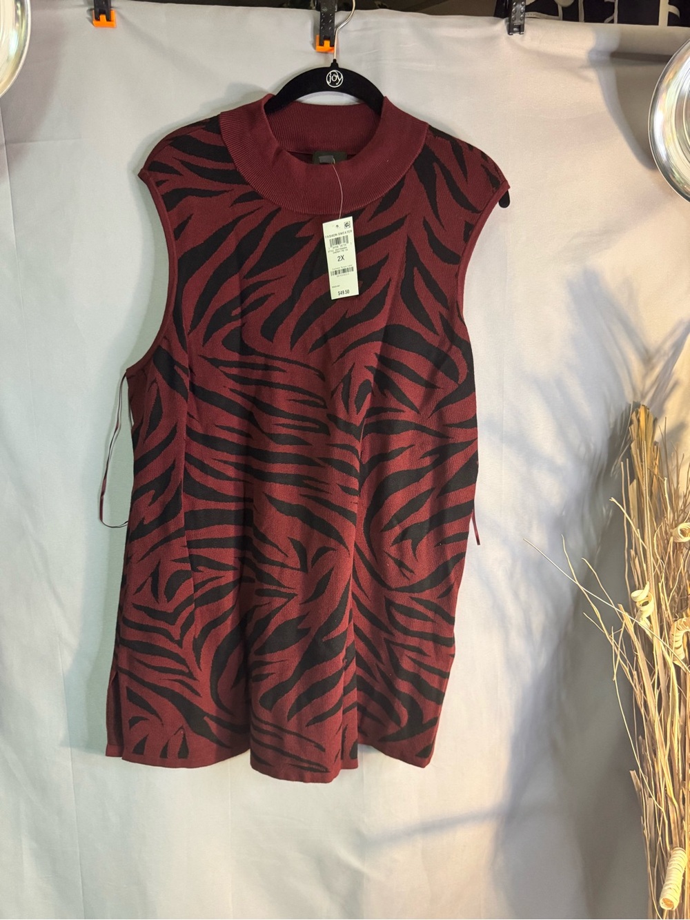 JM Collection Wine and Black Sleeveless Mock Neck Zebra Print Top
